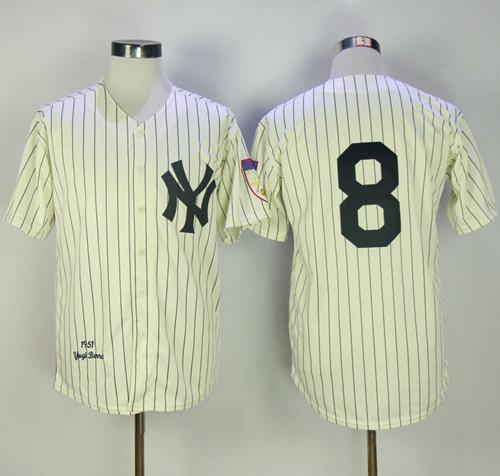 Mitchell And Ness 1951 Yankees #8 Yogi Berra Cream Throwback Stitched MLB Jersey - Click Image to Close